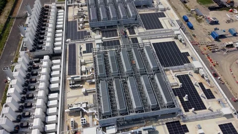 Aerial drone view of a modern data center campus in Melegnano near Milan Stock Footage 344951914