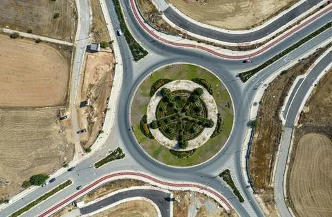 Aerial drone view of a modern designed roundabout. Road transportation Nicosia Stock Photos