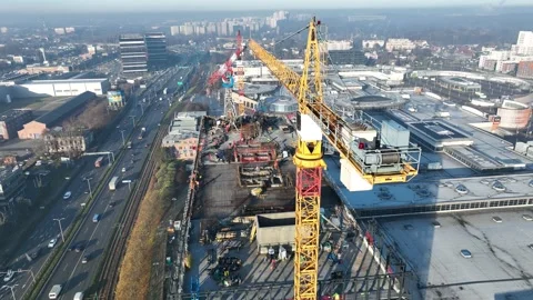 Aerial drone view of a modern high rise building under construction. Constr.. Video stock 310259505