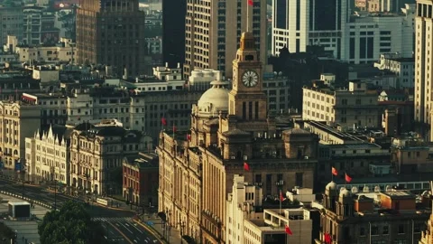 Aerial drone view of modern skyscraper office buildings in Shanghai Stock Footage 264212419