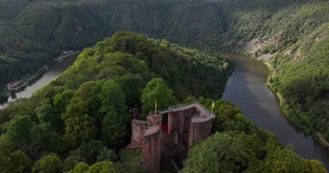 Aerial drone view on Montclair castle, on the mountain in the Saarschleife Video stock 291529319