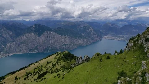 Aerial drone view of Monte Baldo mountain ridge and Lake Garda, Italy. July 2025 Stock Footage 316599173