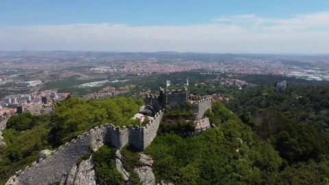 Aerial drone view of  Moorish Castle  Sintra, Portugal during a sunny day Stock Footage 213935138