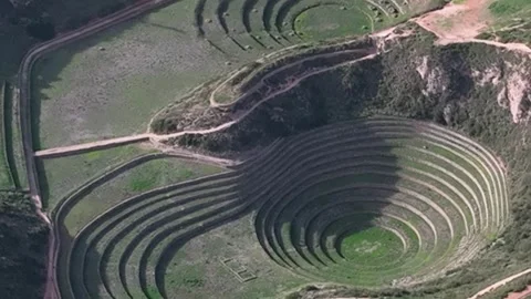 Aerial Drone View of Moray Inca Terraces in Sacred Valley, Cusco Peru Stock Footage 342316032