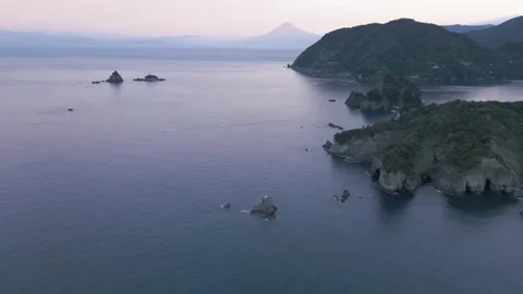Aerial drone view of Mount Fuji and west Izu peninsula coastline in the morning Stock Footage 219628711