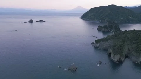 Aerial drone view of Mount Fuji and west Izu peninsula coastline in the morning Stock Footage 219628767