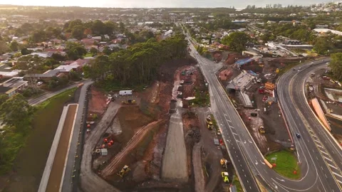 Aerial drone view of the Mount Ousley Interchange Upgrade at Mount Ousley, NSW Stock Footage 335568594
