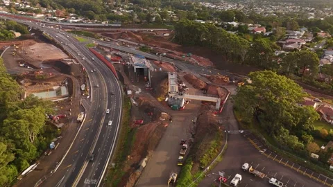 Aerial drone view of the Mount Ousley Interchange Upgrade at Mount Ousley, NSW Stock Footage 335568657