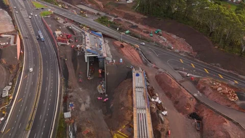 Aerial drone view of the Mount Ousley Interchange Upgrade at Mount Ousley, NSW Stock Footage 335568931
