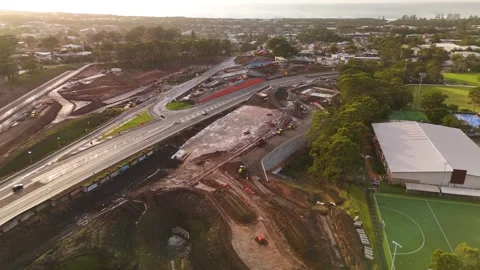 Aerial drone view of the Mount Ousley Interchange Upgrade at Mount Ousley, NSW Stock Footage 335569066