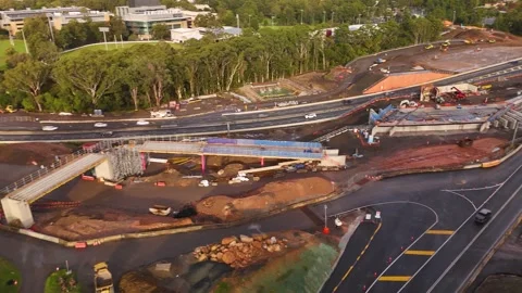 Aerial drone view of the Mount Ousley Interchange Upgrade at Mount Ousley, NSW Stock Footage 335569340