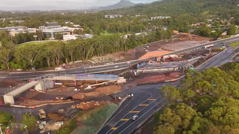 Aerial drone view of the Mount Ousley Interchange Upgrade at Mount Ousley, NSW Stock Footage 335569577