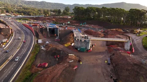 Aerial drone view of the Mount Ousley Interchange Upgrade at Mount Ousley, NSW Stock Footage 335569842