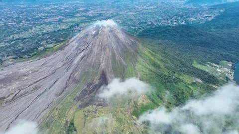 Aerial drone view of Mount Sinabung peak at Berastagi in North Sumatra Stock Footage 328632304