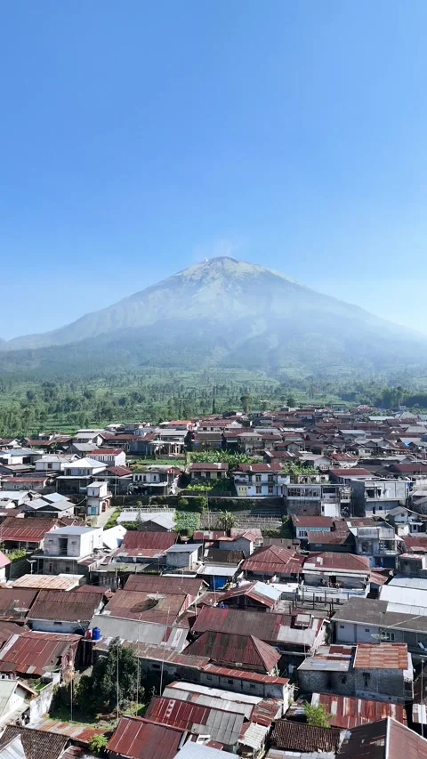 Aerial Drone View of Mount Sindoro with Village Houses in Wonosobo Stock Footage 316770849