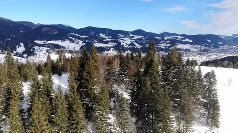 Aerial drone view in mountain forest. Winter landscape. Stockbeeldmateriaal 126246169
