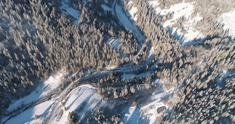 Aerial drone view in mountain forest. Winter landscape in 4к Stock Footage 128694876