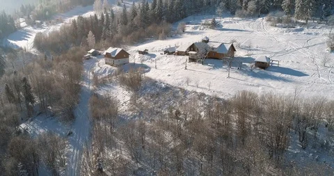 Aerial drone view in mountain forest. Winter landscape in 4к Stock Footage 128695061
