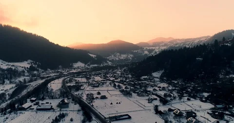 Aerial drone view in mountain forest. Winter landscape in 4к Stock Footage 128699190
