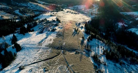 Aerial drone view in mountain forest. Winter landscape in 4к Stock Footage 128699589