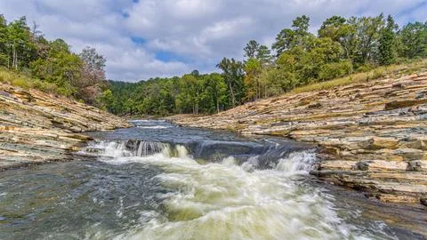 Aerial Drone View of Mountain Fork River Rapids in Broken Bow Oklahoma Stock Photos