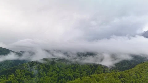 Aerial drone view of mountain landscape at sunset with fog coming out of forest Video stock 308962483