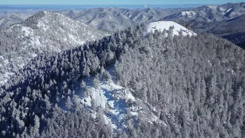 Aerial drone view of mountain peak surrounded by frozen trees Stock Footage 266828501