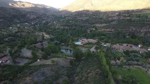 Aerial drone view of mountain resort with pool in Chile Stock Footage 334814415