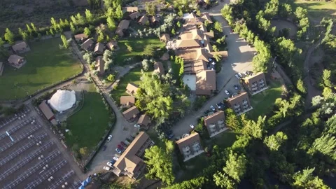 Aerial drone view of mountain resort with pool in Chile Stock Footage 334814531