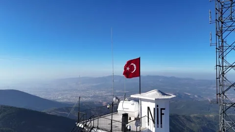 Aerial Drone View of a Mountain Summit Watch Tower with Turkish Flag Stock Footage 340106741