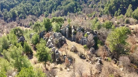 Aerial drone view of mountain valley with beautiful rock formations. Stock Footage 234317694