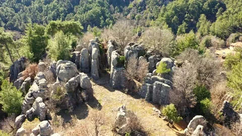Aerial drone view of mountain valley with beautiful rock formations. Stock Footage 234317936