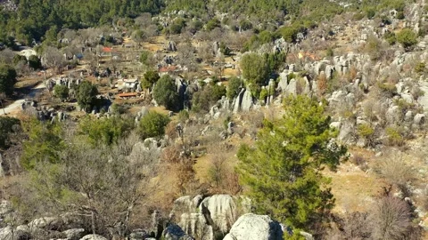 Aerial drone view of mountain valley with beautiful rock formations. Stock Footage 234317954