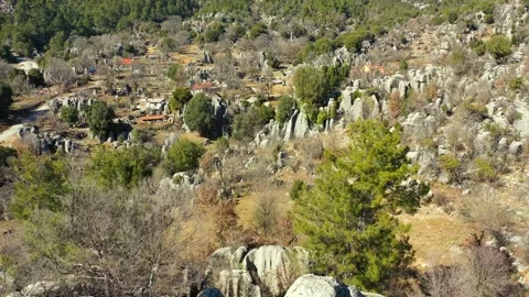 Aerial drone view of mountain valley with beautiful rock formations. Stock Footage 234317990