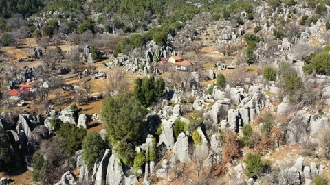 Aerial drone view of mountain valley with beautiful rock formations.  Stock Footage 234318266