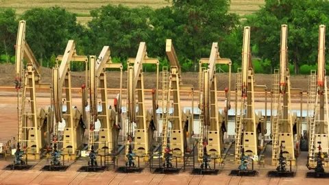 Aerial drone view of multiple oil pumpjacks operating in a vast field. Stock Footage 331279662