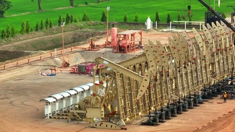 Aerial drone view of multiple oil pumpjacks operating in a vast field. Stock Footage 331280300