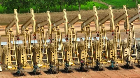 Aerial drone view of multiple oil pumpjacks operating in a vast field. Stock Footage 331280321