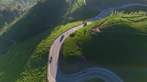Aerial Drone View of Munnar Tea Plantations with Misty Mountains Stock Footage 328136559