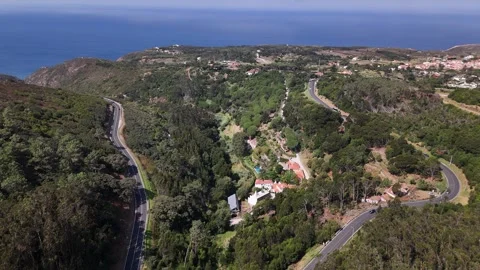 Aerial drone view of N247 looking west towards Cabo da Roca, Portugal Stock Footage 315504048
