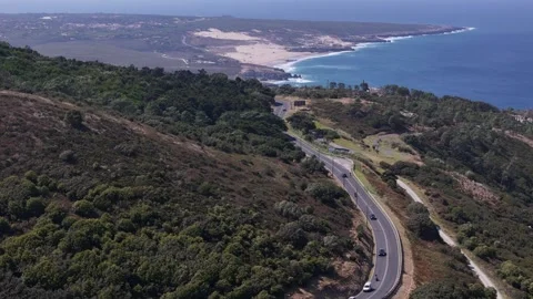 Aerial drone view of N247 looking south towards Guincho and Cascais, Portugal Stock Footage 315504104