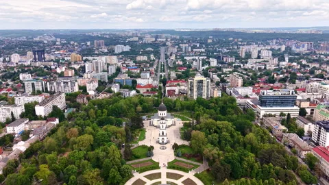 Aerial drone view of the Nativity Cathedral and its white bell tower in the Stock Footage 344928837