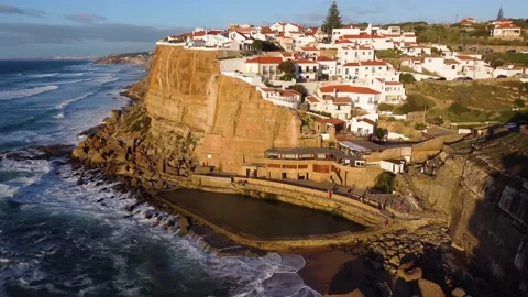 Aerial drone view of a natural pool in the ocean, Azenhas do Mar, Stock Footage 221148151