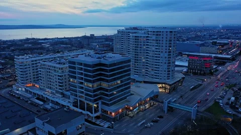 Aerial drone view to a new modern residential buildings at night in Burgas 스톡 동영상 322575172