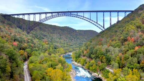 Aerial Drone View, New River Gorge Bridge with Base Jumpers, Parachutes Stock Footage 127468931