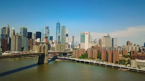Aerial drone view of New York Financial District of Manhattan, Brooklyn Bridge Stock Footage