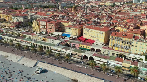Aerial drone view of Nice Old Town with colorful buildings, terracotta rooftops, Stock Footage 318794033
