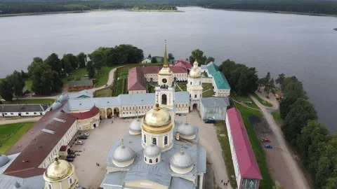 Aerial drone view of Nilov Monastery complex on Lake Seliger Stock Footage 338103299