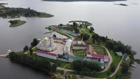 Aerial drone view of Nilov Monastery on Stolobny Island, Lake Seliger Stock Footage 338103742