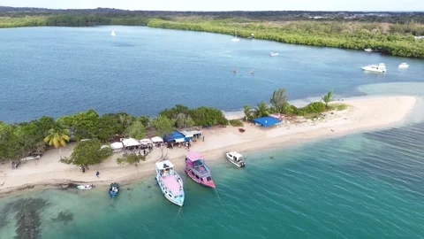 Aerial drone view of No Man's Land white sand spit in Tobago. Turquoise Stock Footage 336320670